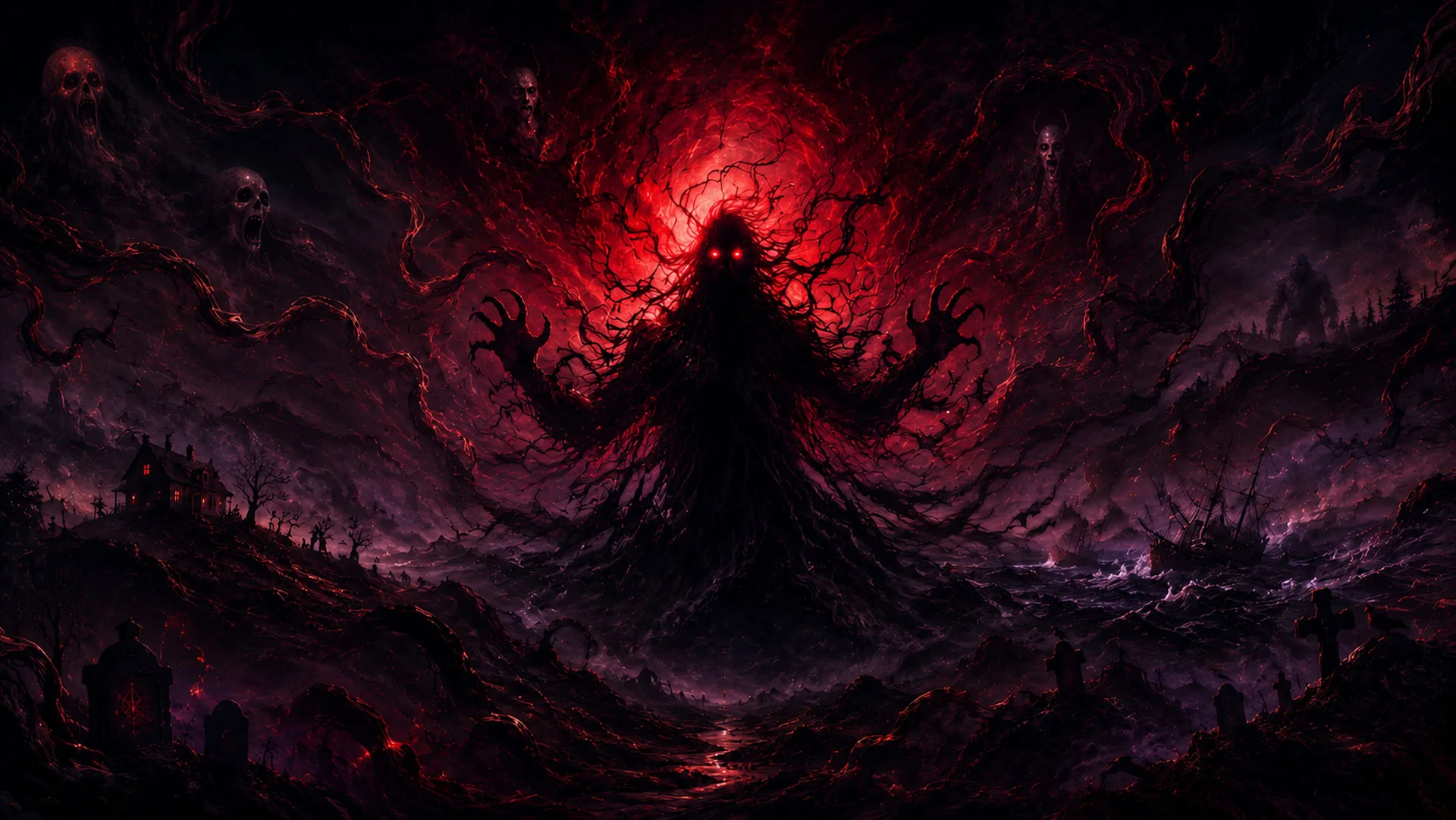 A towering shadow figure rising over a graveyard beneath a blood red sky